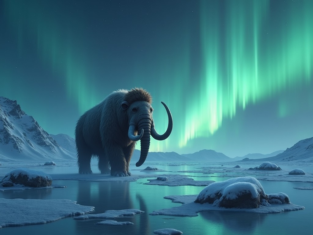 A woolly mammoth man stands majestically in a frozen landscape, surrounded by shimmering ice and snow. Above, the northern lights dance across the sky, casting a magical glow. The scene captures the essence of the ice age, showcasing the mammoth's robustness against the cold. The serene water reflects the vibrant colors of the aurora, enhancing the mystical atmosphere. This digital artwork represents both wildlife and a fantasy realm, inviting viewers into a world of prehistoric wonder.