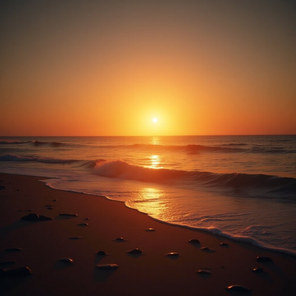 Cinematic shot of a sunset at the beach. Sun sets on the horizon with calm waves. Warm light reflects on the water and sand.