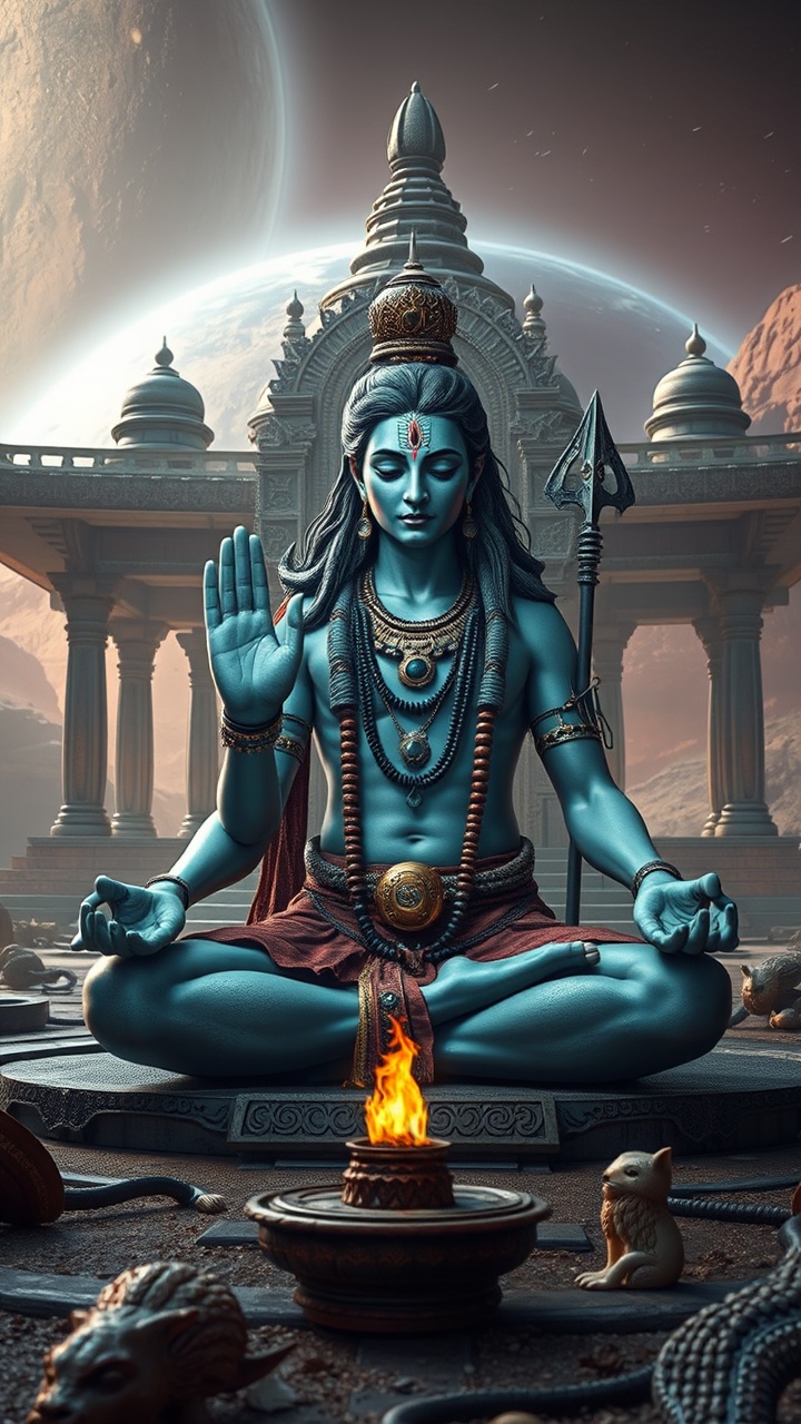 The image portrays a serene figure of a deity in a meditative pose, set against a backdrop of ancient temple architecture and cosmic scenery. The deity, characterized by blue skin and adorned with traditional ornaments, sits cross-legged before a small fire, exuding a sense of calm and inner peace. The ethereal quality of the cosmic background adds a mystical dimension to the already spiritual setting.