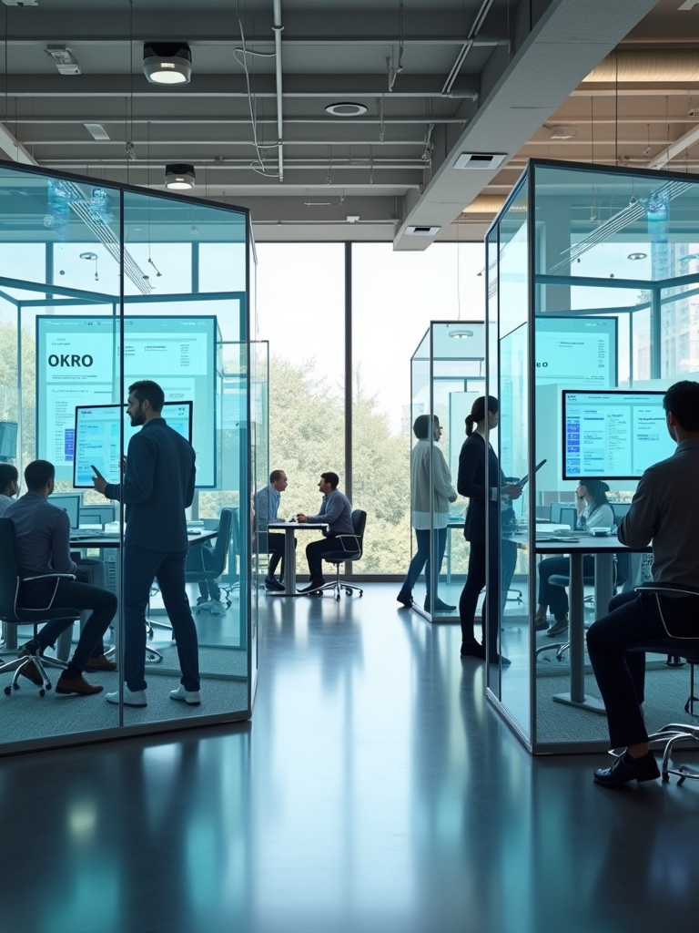 Modern hybrid workspace integrates physical and virtual collaboration. Transparent glass pods house teams in virtual meetings. Digital dashboards display real-time work metrics. Natural light creates an open environment. Holographic interactions occur in virtual zones. Open doors promote collaboration.