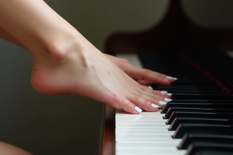 A woman's feet with white toenail polish positioned over piano keys. Side view focused on the elegant connection between the feet and piano. No hands visible.