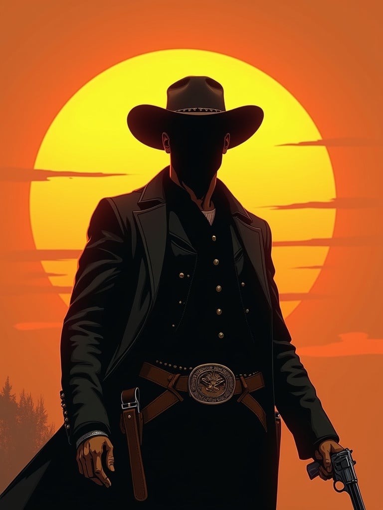 Western scene with a sunset. A cowboy walking with a shadowed face. Smile visible on his jaw. Wearing an overcoat and a hat. Revolver at the waist. Positioned to the side. Dramatic lighting from the sun behind.