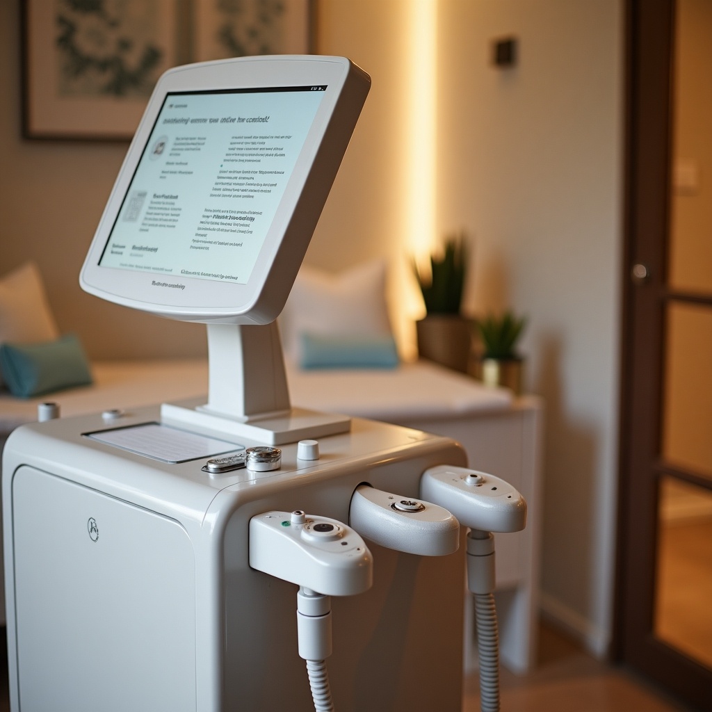 The image showcases a modern body contouring machine set in a calming clinic environment. The machine features a user-friendly interface prominently displayed on the screen. It is equipped with various attachments for different treatments. Soft lighting enhances the peaceful atmosphere of the room, with comfortable seating in the background. Green plants add a touch of nature, promoting a relaxing vibe for clients. This machine represents the advanced technology used in non-invasive cosmetic procedures.