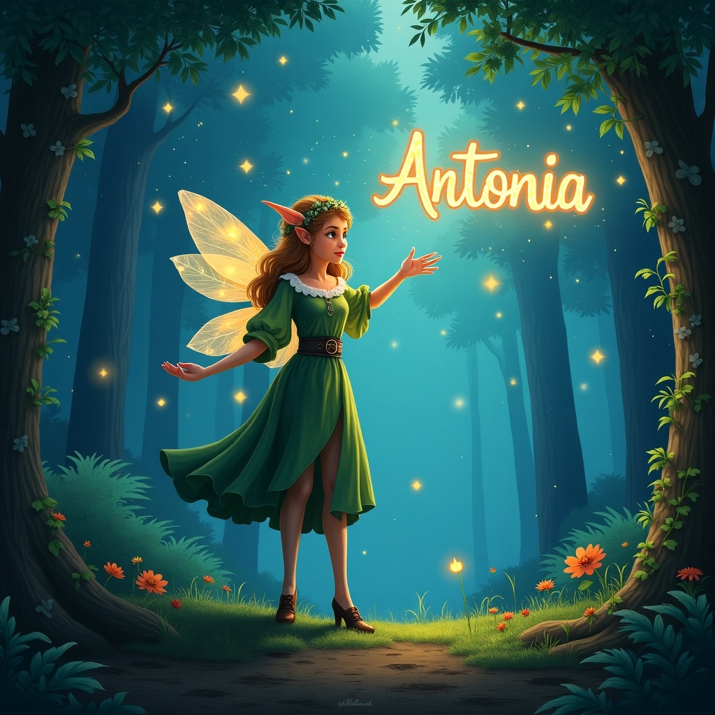 The image features a magical elf named Antonia standing in an enchanting forest. She has delicate wings and wears a vibrant green dress. The scene is illuminated by soft, glowing lights that create a whimsical atmosphere. The name 'Antonia' is beautifully written in the sky, adding to the fairy tale theme. Surrounding her are lush plants and flowers that enhance the magical setting. The overall mood is joyful and inviting, perfect for a storybook.