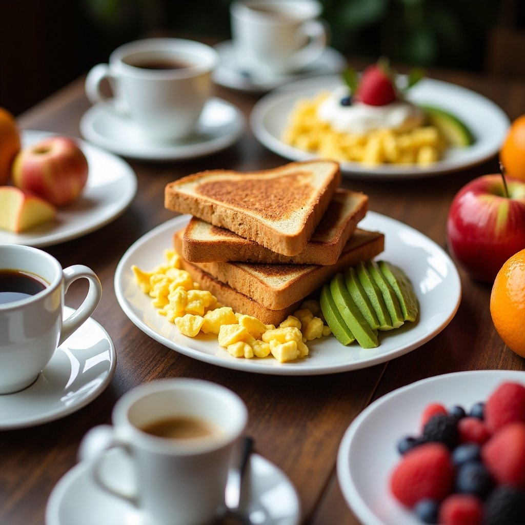 Table setting with breakfast items. Includes toast sandwich with scrambled eggs and avocado. Features coffee cups, berries, apples, and orange. Includes yogurt with fruits.