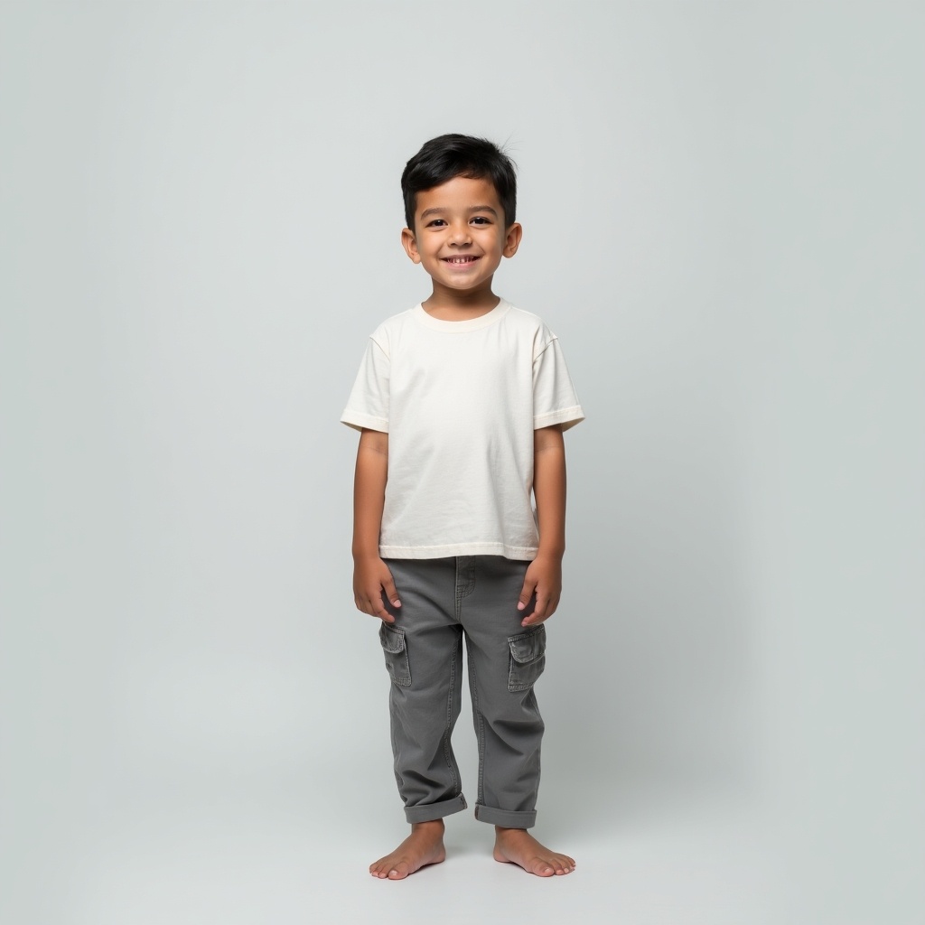 Image depicts a barefoot young boy standing upright against a light gray background. He wears white clothing. The lighting is soft and even, creating a calm atmosphere. His pose is confident and relaxed. The style is minimalistic, focusing on the subject.