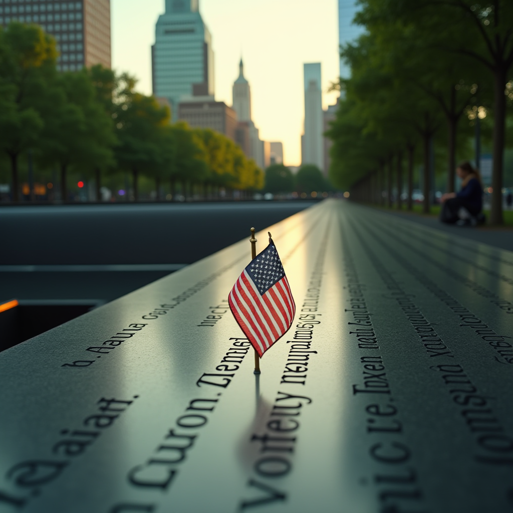 The image captures a small American flag planted on a reflective surface engraved with names, possibly commemorating a memorial or historical event. The surface stretches into the distance, leading to a background of trees and skyscrapers, suggesting an urban setting. The scene is illuminated by the warm glow of a sunrise or sunset, casting long shadows and highlighting the solemn and respectful tone of the location. In the background, a person is sitting on the edge, providing a sense of solitude and contemplation. The overall atmosphere is serene and reflective, emphasizing themes of remembrance and honor.