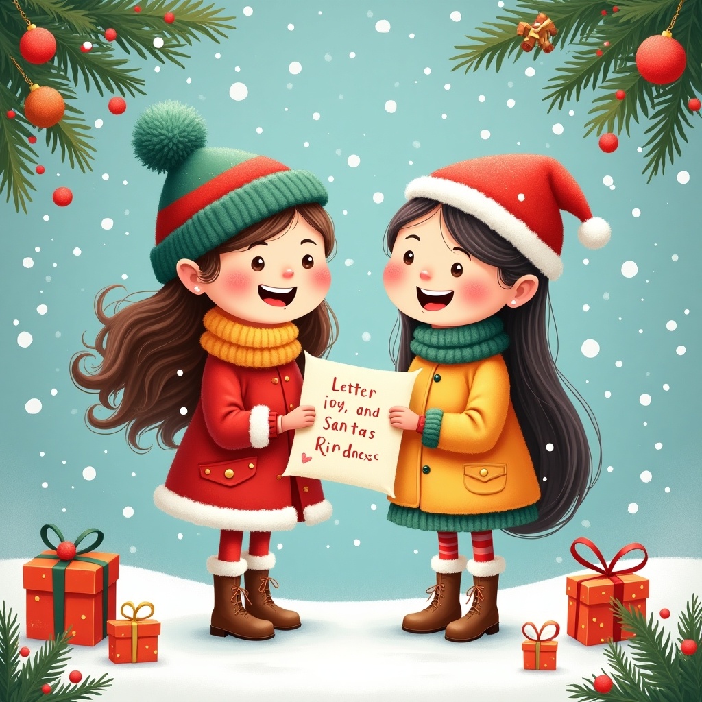 The image depicts two cheerful girls, Ella and Robyn, dressed in festive winter outfits standing in a winter setting. They are holding a letter, smiling joyfully. The background is filled with soft snowflakes and adorned with pine branches, creating a holiday atmosphere. Colorful presents are scattered around them; the scene evokes a sense of excitement and warmth. It captures the essence of holiday cheer and innocence. The artwork is vibrant and appealing to children.