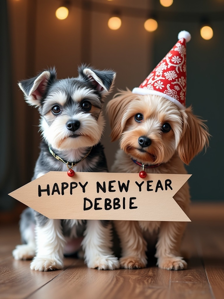 Miniature schnauzer and jackapoo dog posing with a wooden banner. The banner reads 'HAPPY NEW YEAR DEBBIE'. Background features warm indoor lighting. Dogs wear festive accessories. The scene conveys a joyful New Year celebration.