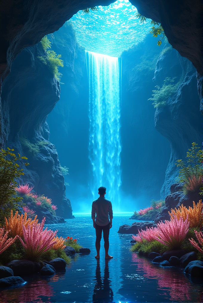 A person stands in a vibrant cave, gazing at a luminescent waterfall cascading from an ethereal sky pool, surrounded by colorful, glowing flora.