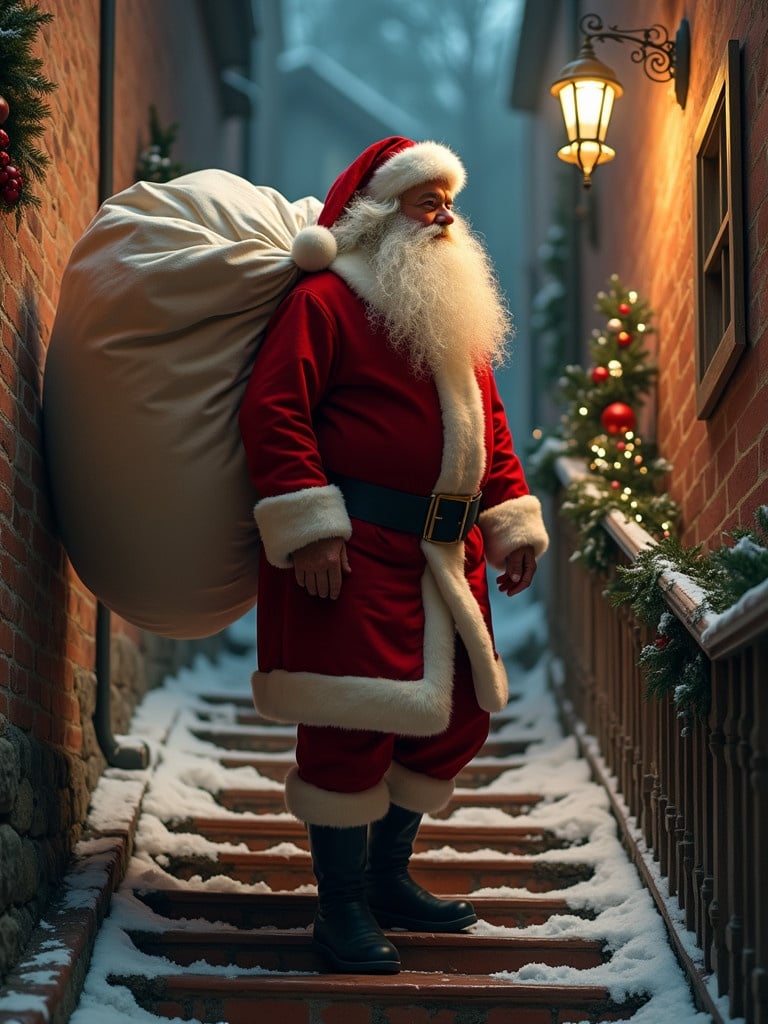 Santa Claus walks upstairs. He carries a large sack. Snow covers the steps. Warm light glows from a nearby lamp.