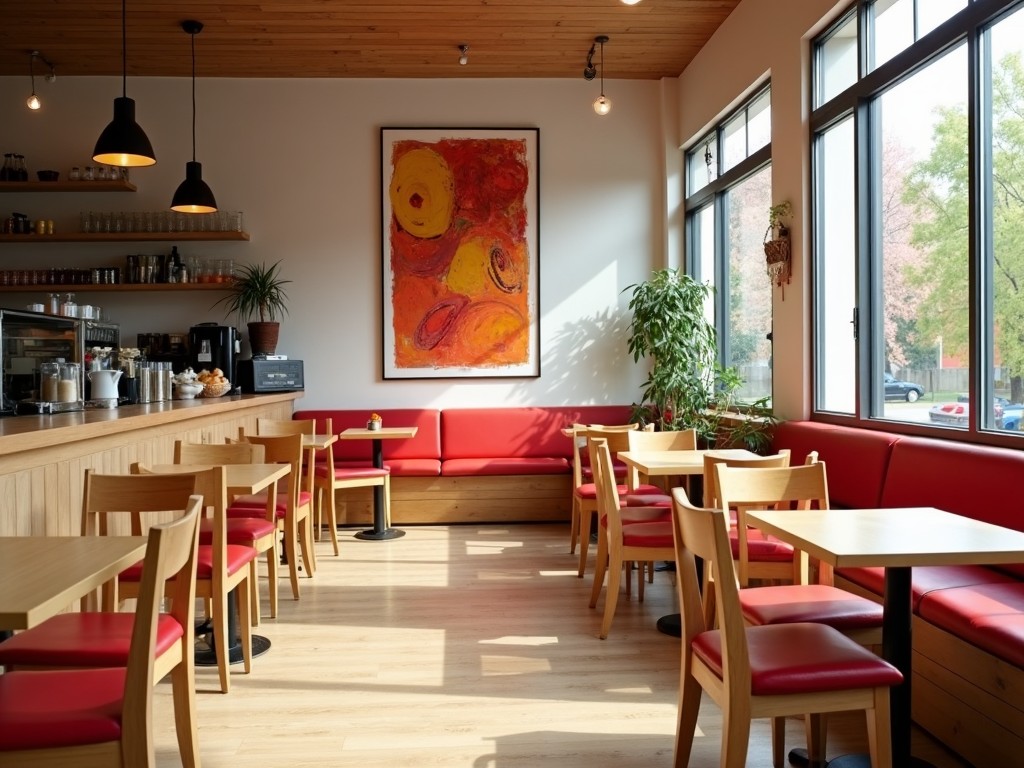 This image showcases a modern cafe interior, featuring warm light wood furniture and red cushioned seating that invites customers to relax. A vibrant wall art piece adds a splash of color to the space, creating an energetic yet welcoming atmosphere. Pendant lighting hangs above the tables, providing soft illumination, while large windows bring in natural light. The layout is spacious and well-organized, making it perfect for socializing or relaxing alone. Overall, the cafe exudes a contemporary vibe with thoughtful design elements.