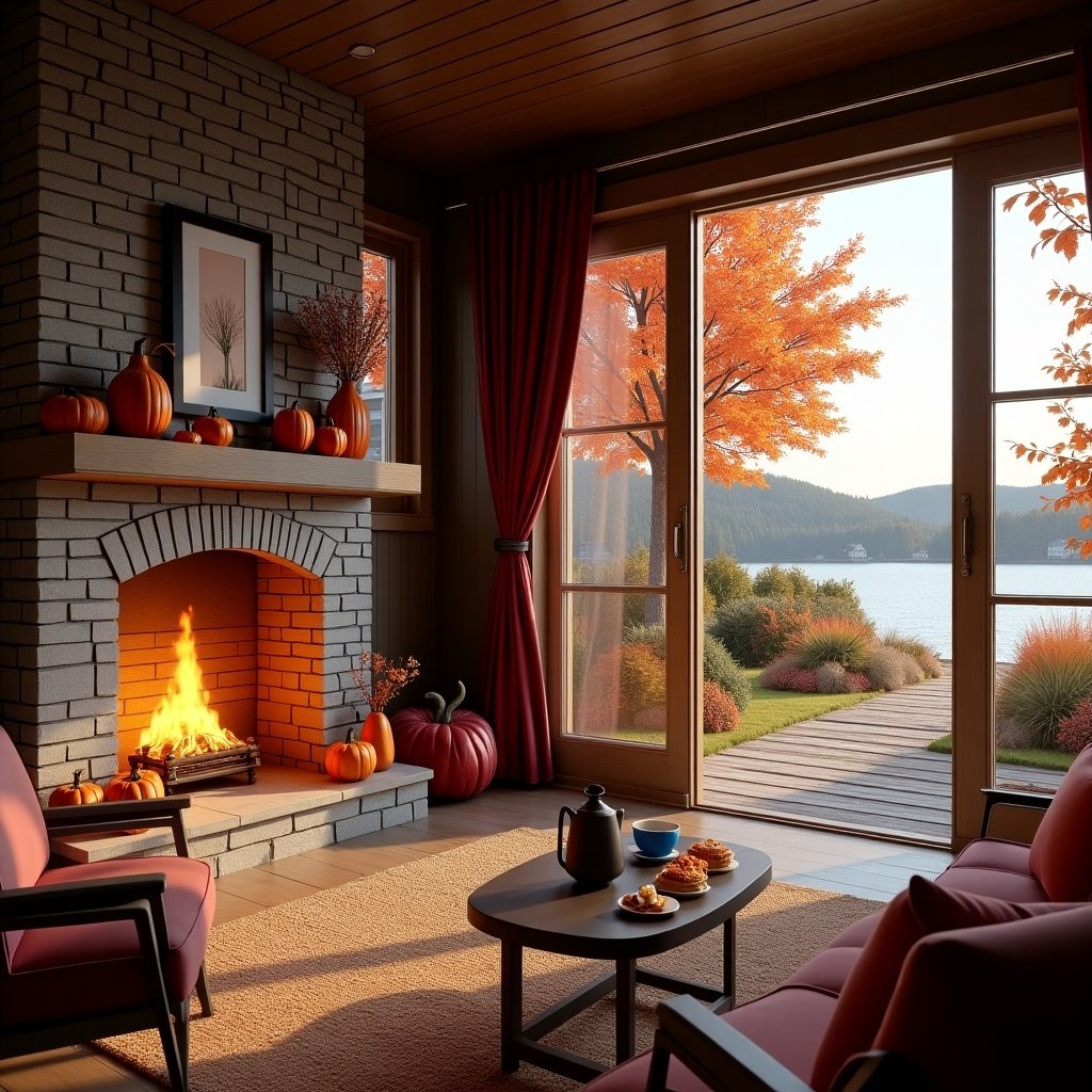 Cozy farmhouse room warm fireplace decorated for autumn. Pumpkins and dried flowers adorn the hearth. Large glass doors show a vibrant autumn garden with colorful leaves.