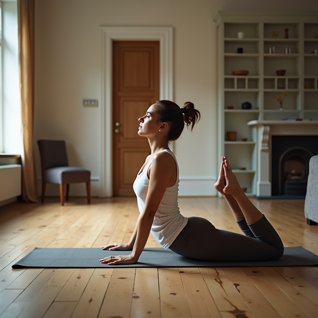 A woman practices yoga in a cozy, sunlit living room, performing a backbend on a wooden floor.