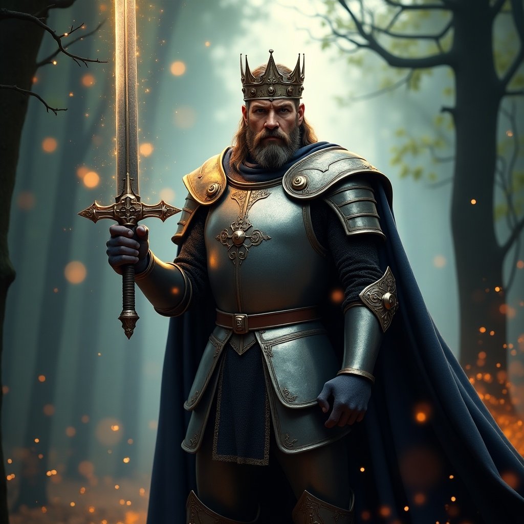 Depiction of a warrior king in shining medieval armor holding Excalibur. The setting includes a forest with a mystical atmosphere. The figure is confident and regal, exuding strength and leadership.