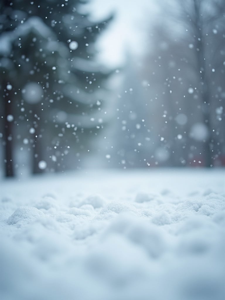 Photo captures close-up view of snow-covered ground. Snowflakes fall softly. Lighting is diffused to evoke a winter atmosphere. Film effect adds artistic touch.