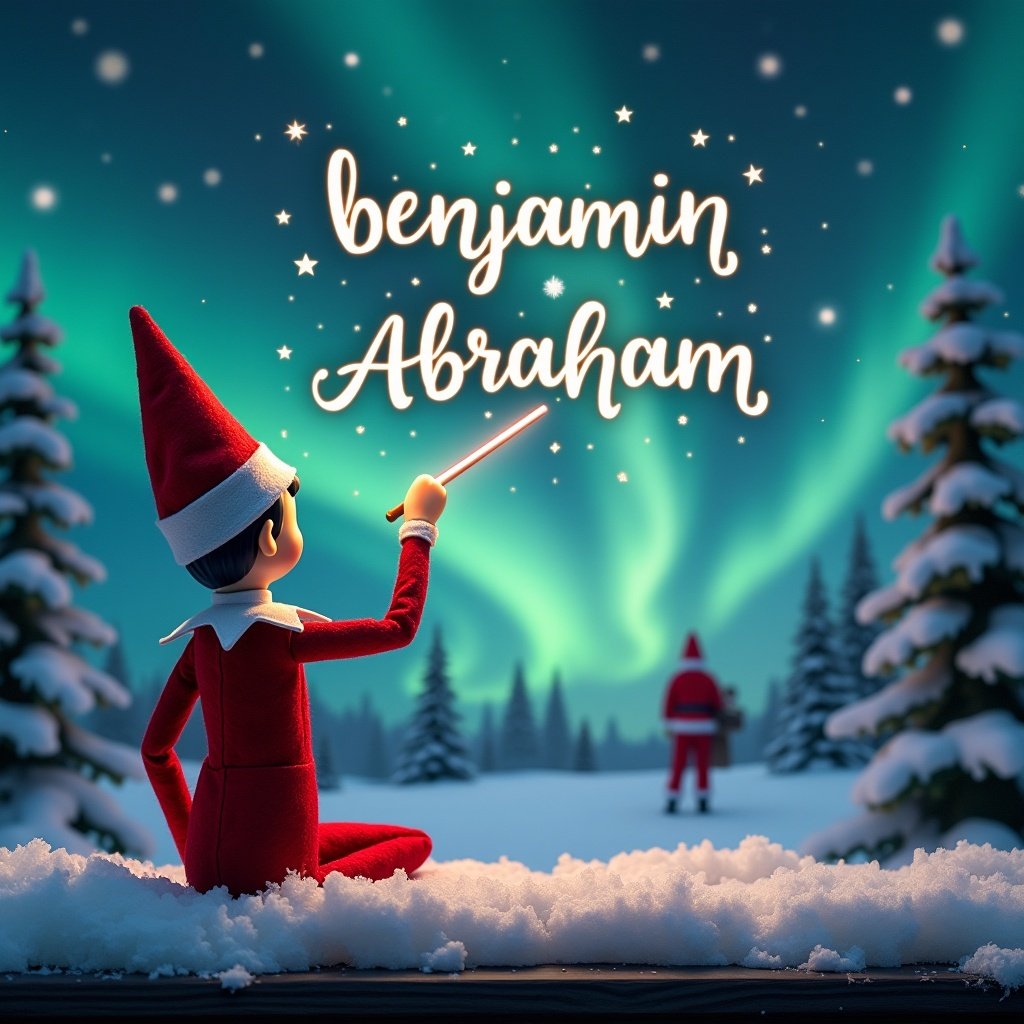 Elf on the shelf in red outfit using a wand to write names in the sky. Names are 'benjamin' and 'Abraham'. Magical winter background with northern lights and snow-covered trees. Silhouette of Santa in the distance.