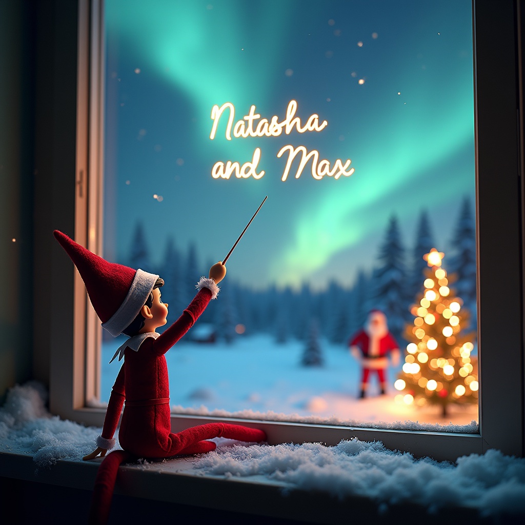 An enchanting Christmas scene features an elf on the shelf with his back to the viewer, gazing up at a magical sky. The elf is using a wand to elegantly write the names 'Natasha' and 'Max' in the air. In the background, the landscape is illuminated by beautiful northern lights and adorned with a Christmas tree sparkling with lights. Santa Claus is visible in the distance, creating a whimsical and festive atmosphere. Snow gently covers the window ledge, adding to the cozy feel of the scene.