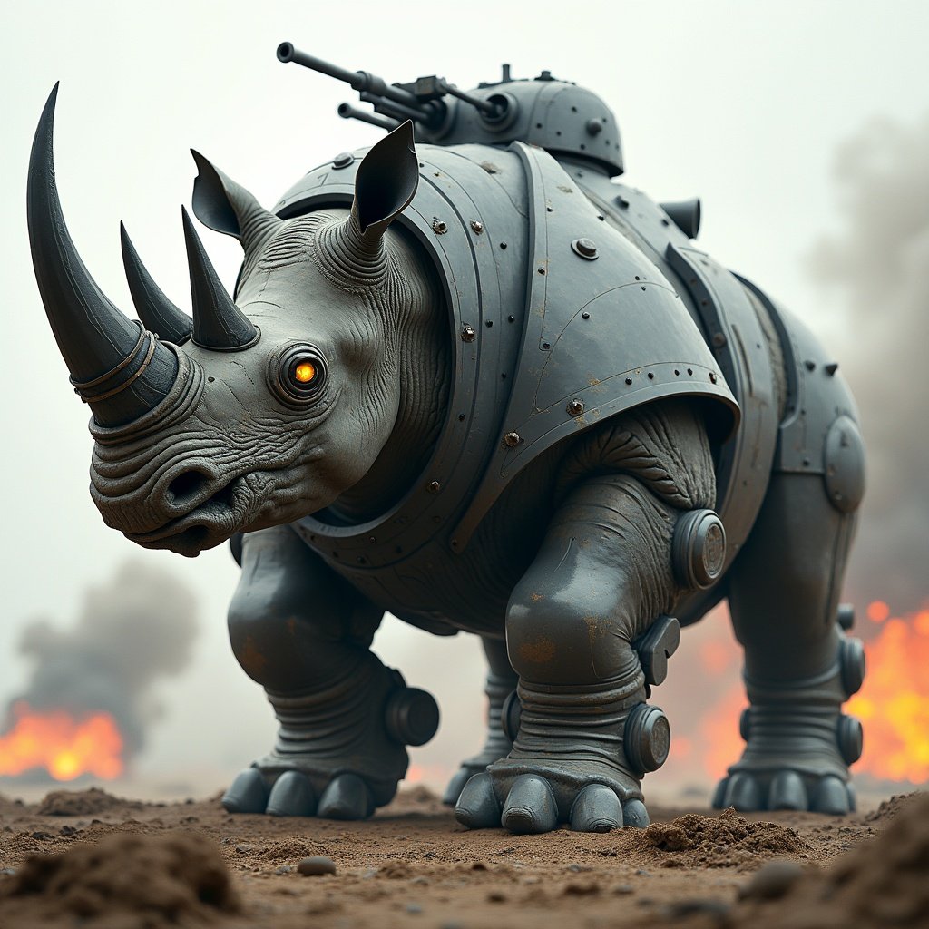 A hybrid creature is displayed. It combines the powerful body of a rhinoceros with military tank armor. The thick grey skin is reinforced with metallic plates. Muscular legs with tank treads provide stability. The horn is a sharp weapon resembling a turret. The back features a turret system. The eyes glow with mechanical energy. The background shows a battlefield with explosions and smoke.