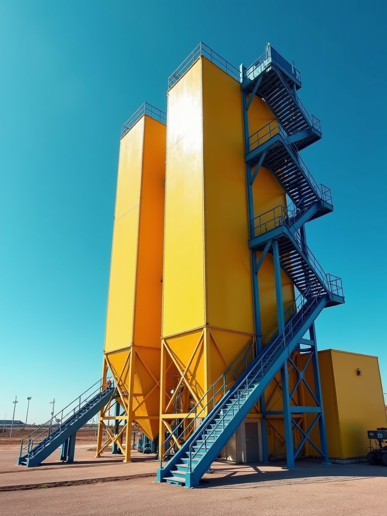 The image shows two tall, yellow industrial silos with blue access staircases against a clear blue sky.