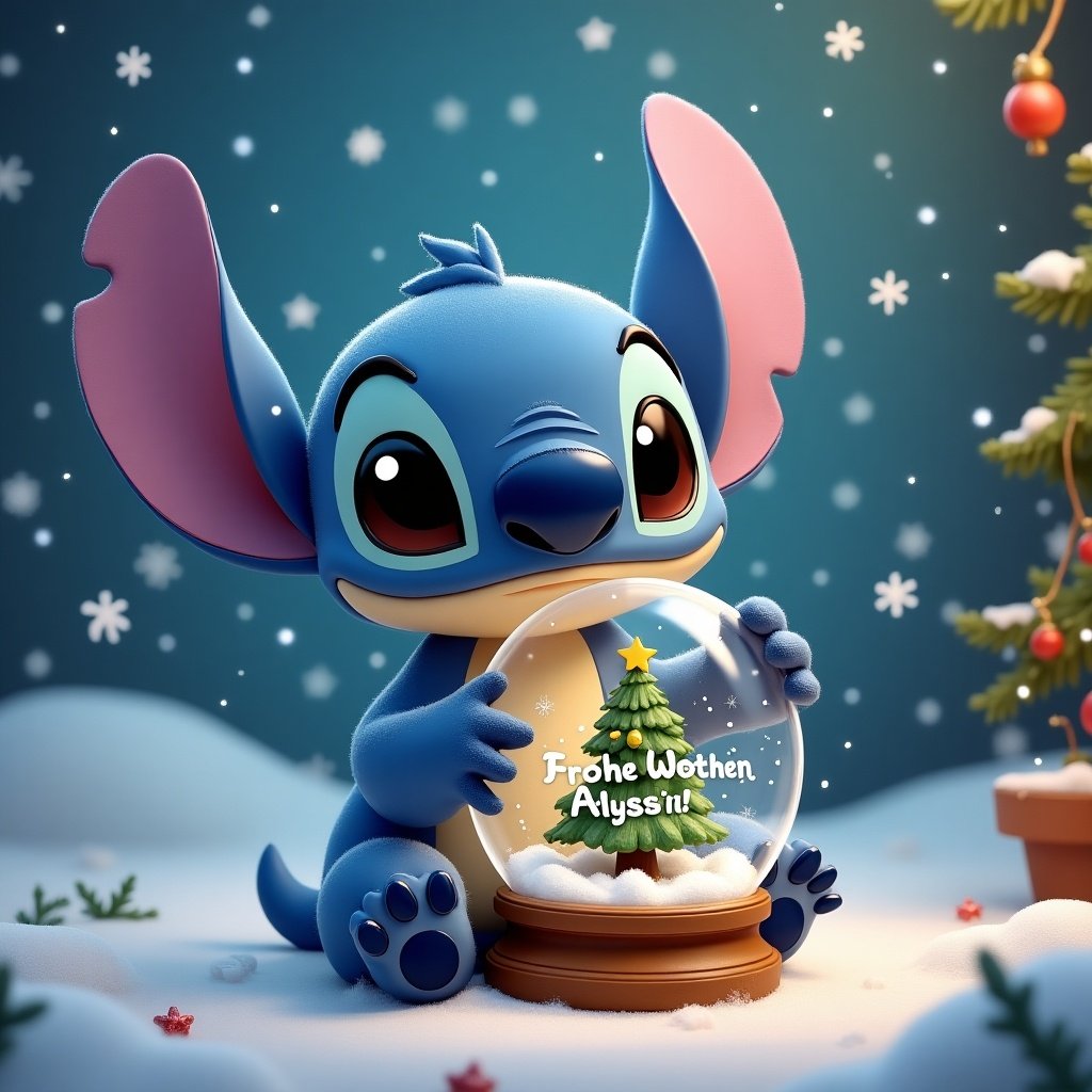 Stitch character holds a snow globe with a Christmas tree. Snowflakes surround. Cozy winter background with decorations. Text on globe says Frohe Weihnachten Alyssia.