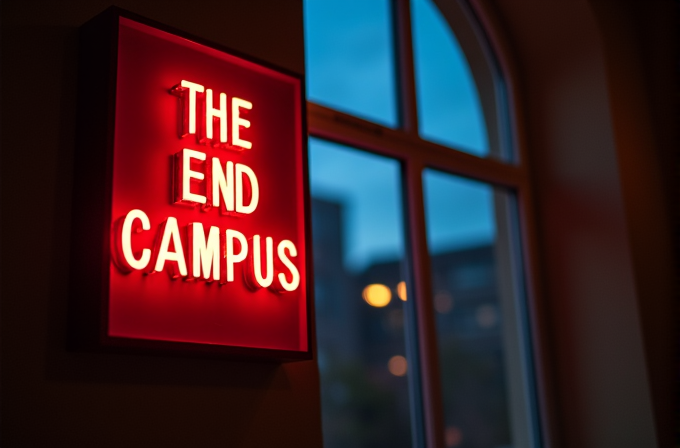 A glowing red neon sign reads 'THE END CAMPUS' beside a window with a nighttime view outside.