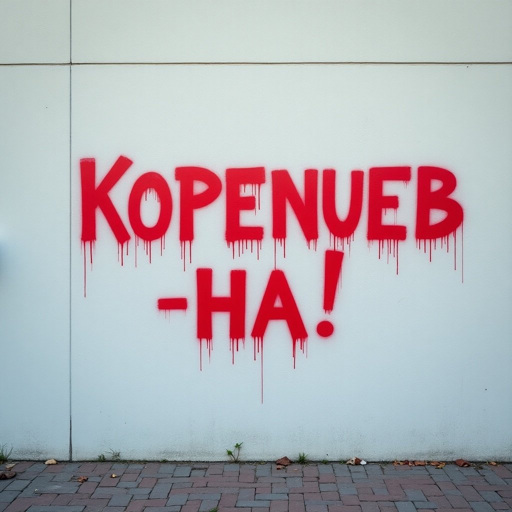 Large light grey wall. Writing 'KOPENUEB - HA!' spray painted in red. Text drips down wall.