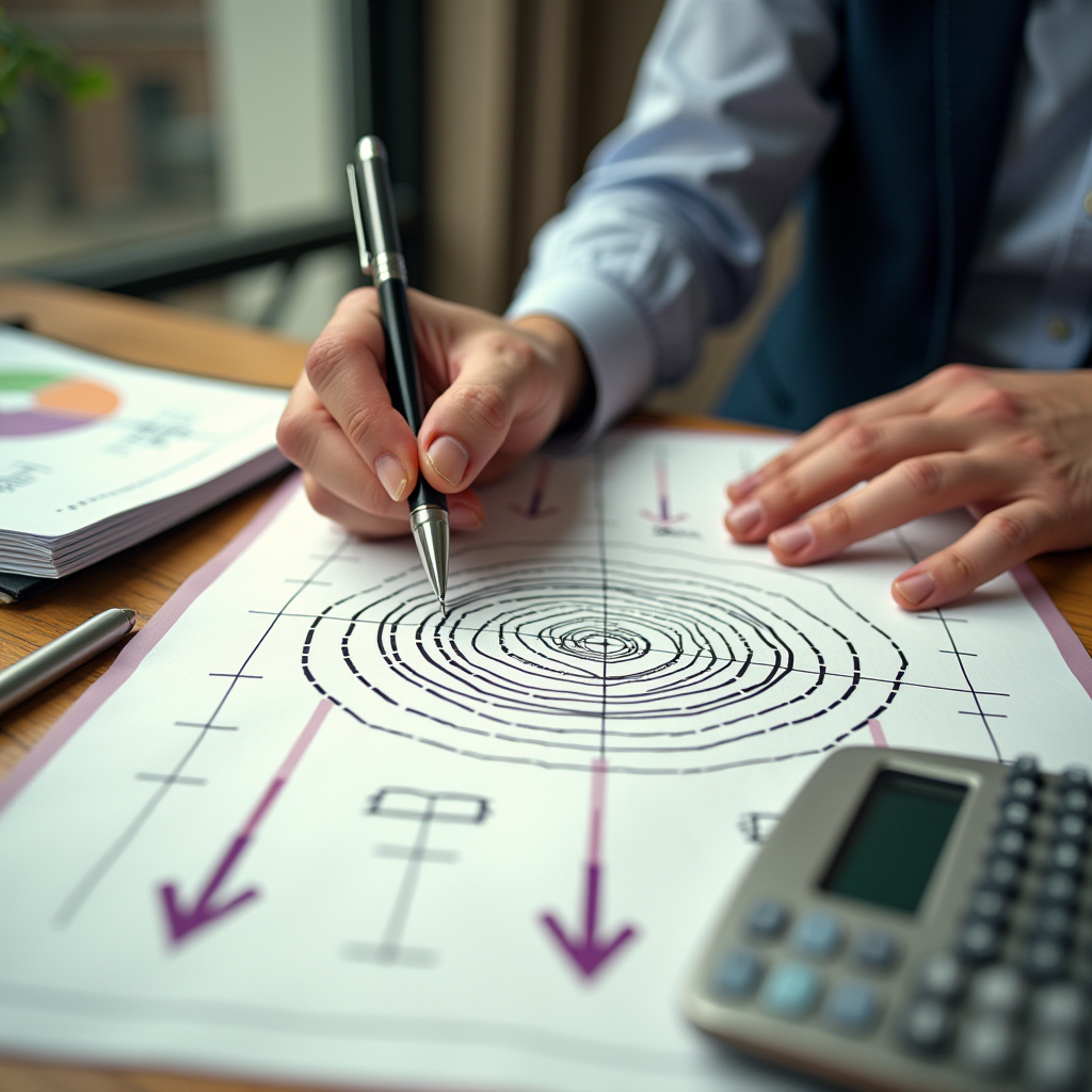 A person draws converging arrows on a graph beside a calculator.