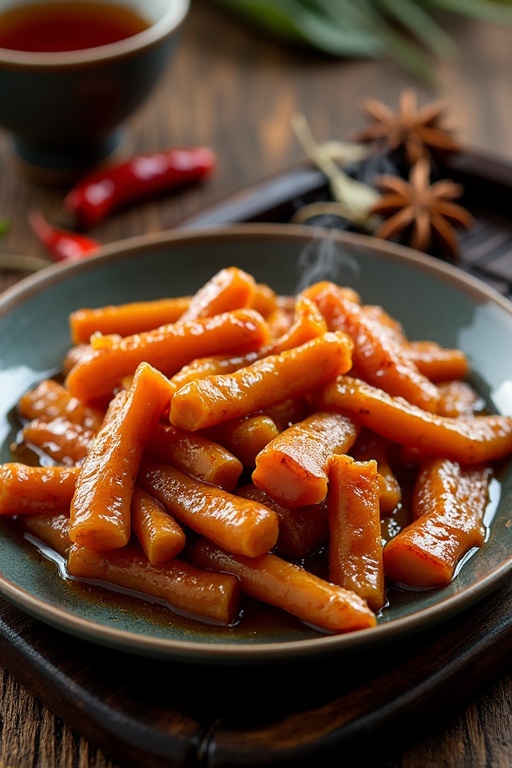 Plate with glossy braised chicken tendons arranged in a circular pattern. Amber-colored sauce clings to tendons reflecting golden light. Wisps of steam rise from the dish. Dried red chilies and star anise scattered on a dark wooden tray. Vintage Chinese teacup blurred in background. Ceramic plate on rustic wooden surface. Highlights show tender texture of tendons.