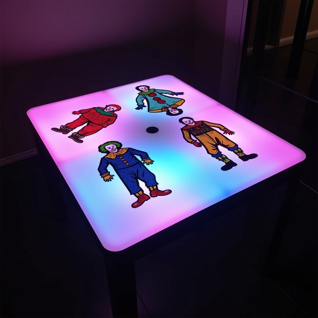 Holo table features clown pictures with colorful illumination.