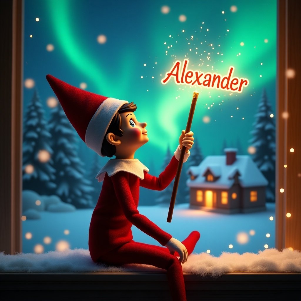 An elf on the shelf gazes skyward. The elf holds a glowing wand. Colorful northern lights illuminate the scene. A cozy house is in the background. Snow blankets the ground. The elf symbolizes Christmas magic. A name appears in the air from the wand.