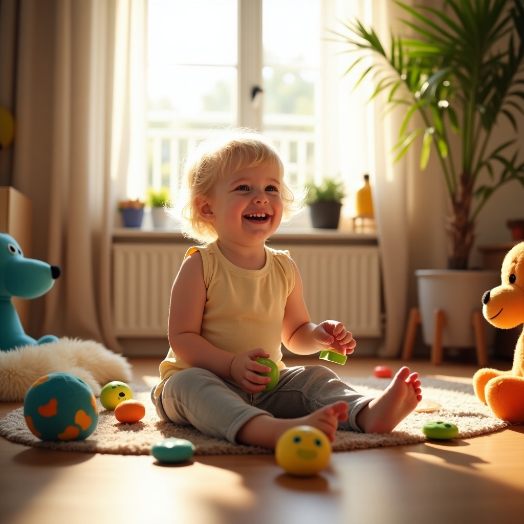 A cheerful young child is playing on the floor of a sunlit room. The natural light coming from the window creates a warm and inviting atmosphere. Toys are scattered around, suggesting an engaging playtime. The child appears comfortable and happy, embodying the innocence of early childhood. This scene captures the essence of joy and ease of being at home, surrounded by playthings.