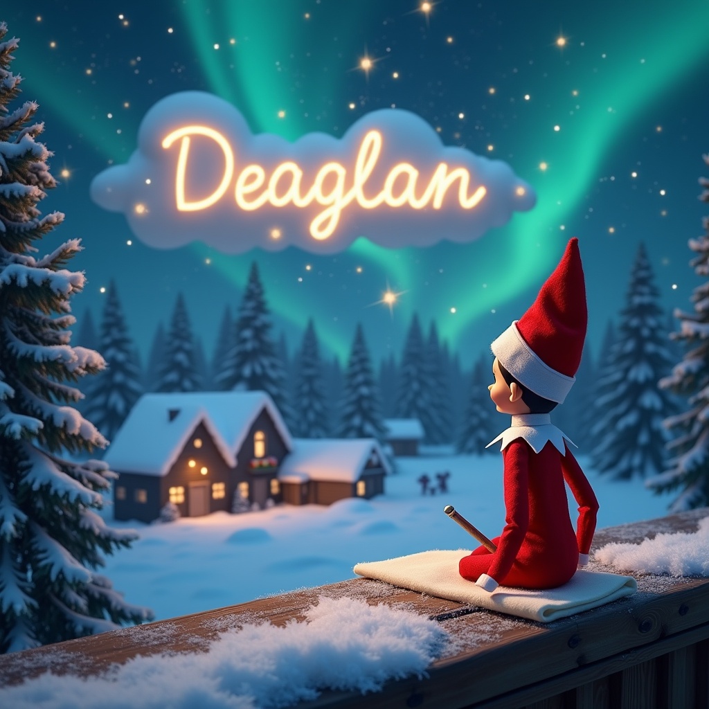 A charming Elf on the Shelf, dressed in a classic red outfit and a pointy hat, sits on a wooden ledge. The elf is diligently writing names on a fluffy white cloth while facing the sky. Surrounding the elf, soft snowflakes fall gently, creating a whimsical winter atmosphere. The background features a deep blue sky illuminated by the Northern Lights, shimmering fairy lights, and a cozy village visible in the distance. The elf uses a wand to write 'Deaglan' in glowing letters within the clouds, adding an enchanting and festive touch to the scene. This illustration perfectly captures the magical essence of Christmas, inspiring joy and wonder.