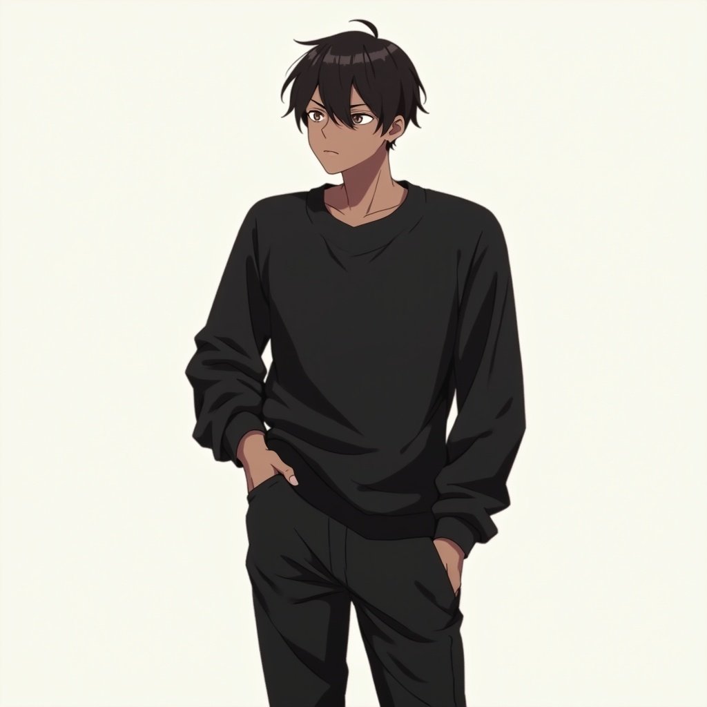 Anime boy standing confidently. He wears black full-sleeve shirt and matching black pants. Dark skin tone. He has small brown eyes and a fade haircut. He looks thoughtful. Background color is light to contrast with dark outfit.