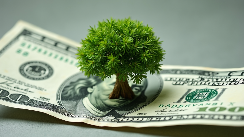 A small tree grows from the center of a hundred dollar bill, symbolizing financial growth.