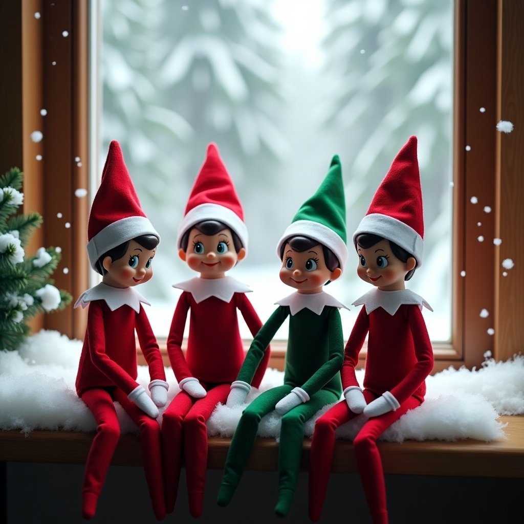 Four elves sitting in a snowy forest at the North Pole. One red boy elf, one green boy elf, one pink girl elf and one green baby elf. They are taking a selfie.