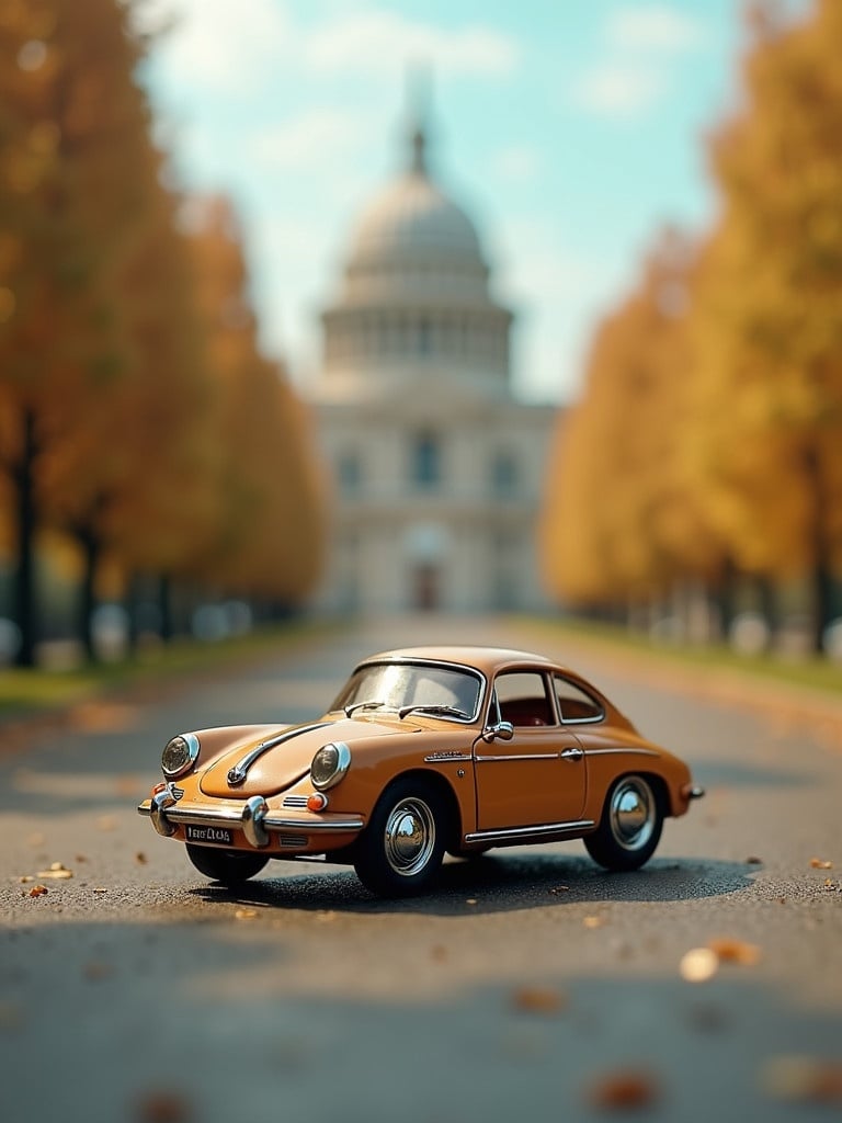 Miniature toy car placed on a historical street scene. Surrounding trees display vibrant autumn colors. Blurred background highlights architecture. The car features a classic vintage design. Focus on details with a creative and whimsical perspective. Captures storytelling elements in product photography.