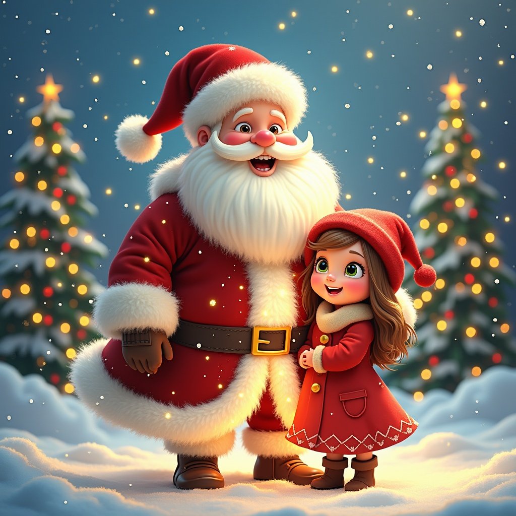 Magical Santa with a child. Festive winter scene. Santa in red suit with white beard. Child wearing a cozy red outfit. Background filled with Christmas trees and lights. Snow on the ground.