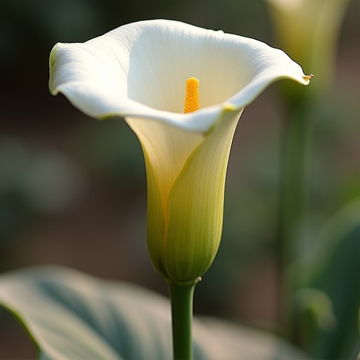 Close-up image of a calla lily flower. The flower has a white outer petal and a yellow stamen. The background is softly blurred showing leafy greens. The image is taken in natural light with a warm tone.