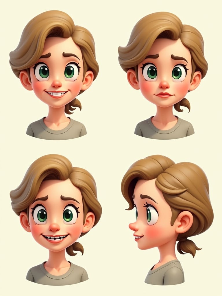 Showcase four angles of a cartoonish old female character. Character features an oval light face with dark green eyes and dark blonde hair. Hair has a side parting. Expressions include smiling and serious. Background is a plain light color. Layout clearly presents four angles with serious atmosphere.