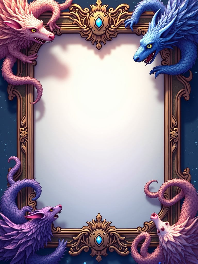 Digital card frame design with fantasy theme. Vibrant colors and intricate details. Decorative mystical creatures in corners. Blank space for illustrations or text. Captivating appearance to attract viewers.