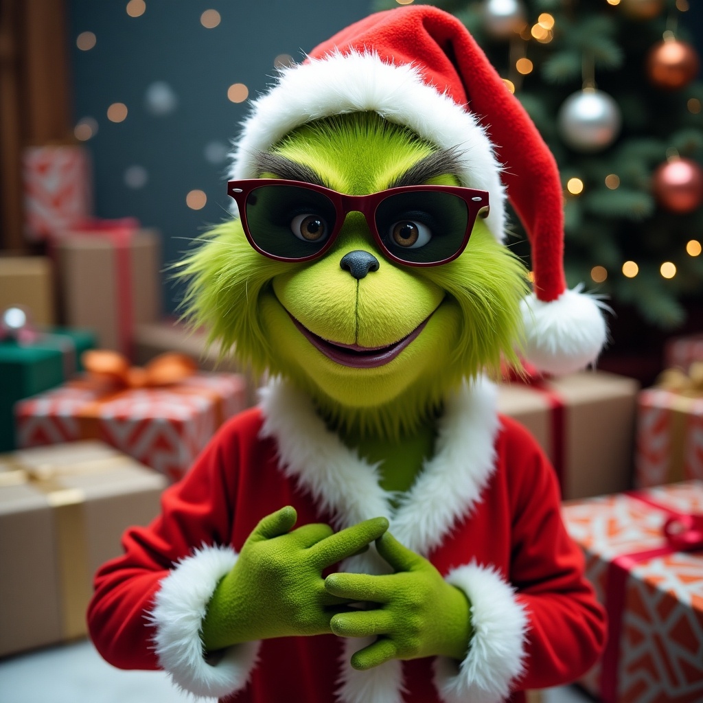 The Grinch dressed in a Santa suit and sunglasses. Green-skinned character with a playful expression and cozy smile. Background features festive decorations and wrapped gifts. The words 'The Wood’s' appear written in the snow.