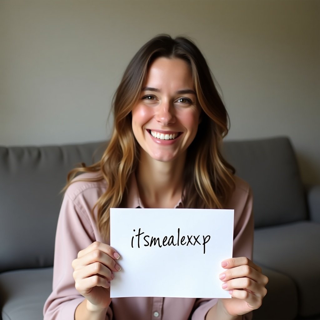 A woman smiles while holding a handwritten note. The note reads itsmealexxxp. Background features a normal couch setting.