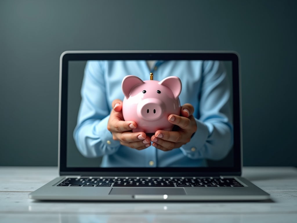 Image of a laptop screen showing hands holding a pink piggy bank. The hands appear to be emerging from the screen. The background is simple and elegant. The piggy bank represents savings. The laptop symbolizes online financial management.