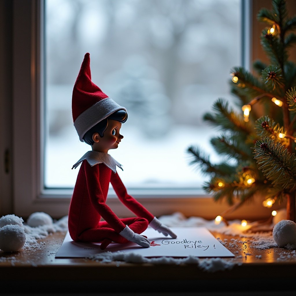 Elf on the shelf sits by a window. Writing Goodbye Riley. Snow outside the window. Christmas tree with lights. Cozy winter scene.