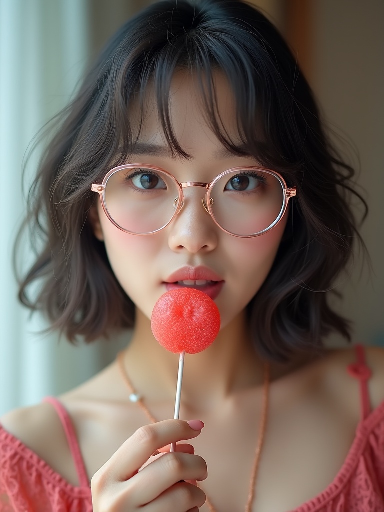 A young woman with glasses holds a red lollipop, gazing thoughtfully at the viewer.