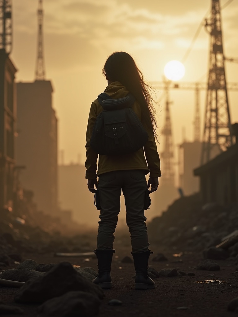 Girl stands silhouetted against an apocalyptic background. She wears military-style clothing and a backpack. Urban ruins and cranes are in the scene. The sun sets in the distance casting a golden glow. The environment appears desolate yet powerful.