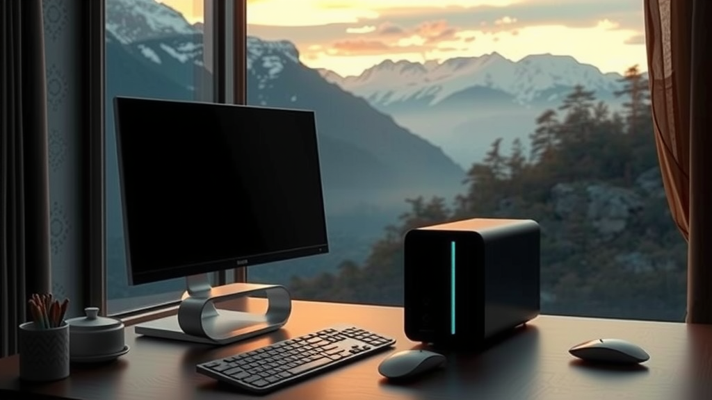 A computer setup on a desk overlooks a beautiful mountain landscape at sunset.