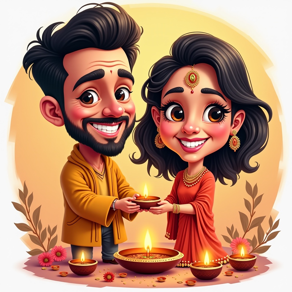 Caricature illustration of two middle-aged Indians and a teenage girl celebrating Diwali. The couple holds lamps, festive atmosphere, colorful decorations.