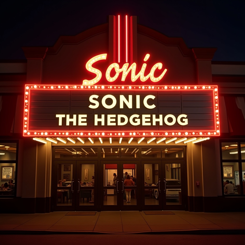 Modern movie marquee sign illuminated with bright lights. Displays 'SONIC THE HEDGEHOG'. Name of establishment elegantly written in cursive. Warm atmosphere ideal for social gatherings. Community hub for entertainment. Background for a video with glass windows.